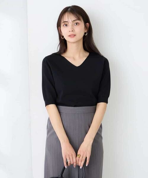 a.v.v / アー・ヴェ・ヴェ ニット・セーター | ハーフスリーブVネックサマーニット【洗える/接触冷感/UVカット】（ブラック）