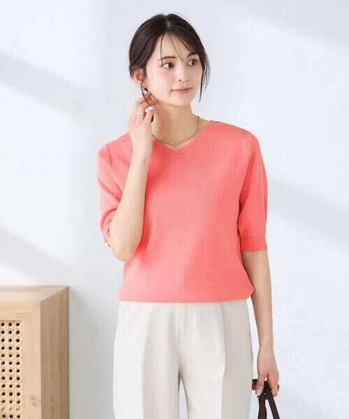 a.v.v / アー・ヴェ・ヴェ ニット・セーター | ハーフスリーブVネックサマーニット【WEB限定/洗える/接触冷感/UVカット】(オレンジ)