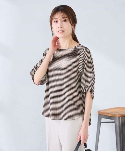 a.v.v / アー・ヴェ・ヴェ カットソー | ボーダー楊柳袖デザインカットソー（ピンク）