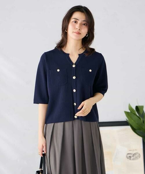 a.v.v / アー・ヴェ・ヴェ カーディガン・ボレロ | 6分袖ジャケットライクカーディガン（ネイビー）