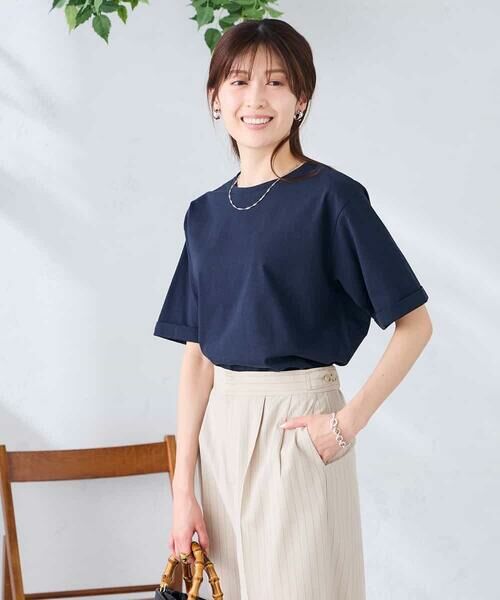 a.v.v / アー・ヴェ・ヴェ カットソー | 【接触冷感/UVカット/コットン100%/WEB限定】ロールアップハーフスリーブTシャツ（ネイビー）
