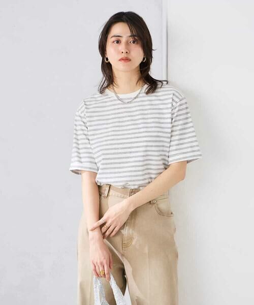 a.v.v / アー・ヴェ・ヴェ カットソー | 【接触冷感/UVカット/コットン100%/WEB限定】ロールアップハーフスリーブTシャツ（アイボリー（ボーダー））