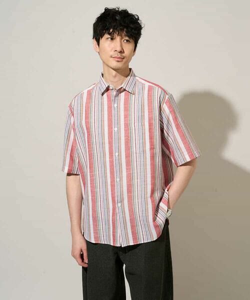a.v.v / アー・ヴェ・ヴェ シャツ・ブラウス | 【洗濯機で洗える】マルチストライプワイドシルエットシャツ（レッド）