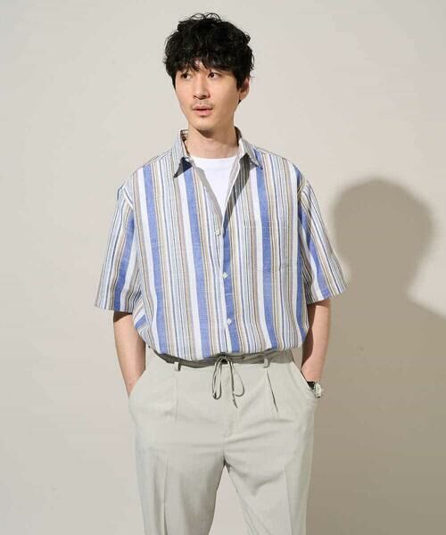 a.v.v / アー・ヴェ・ヴェ シャツ・ブラウス | 【洗濯機で洗える】マルチストライプワイドシルエットシャツ（ブルー）