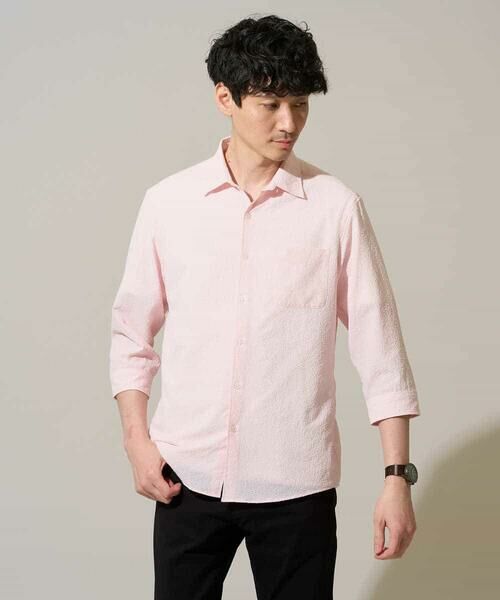 a.v.v / アー・ヴェ・ヴェ シャツ・ブラウス | 【イージーケア/洗濯機で洗える/毛玉になりにくい/ストレッチ】メッシュシアサッカーシチブソデシャツ（ピンク）