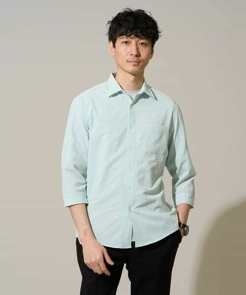 a.v.v / アー・ヴェ・ヴェ シャツ・ブラウス | 【イージーケア/洗濯機で洗える/毛玉になりにくい/ストレッチ】メッシュシアサッカーシチブソデシャツ（グリーン）