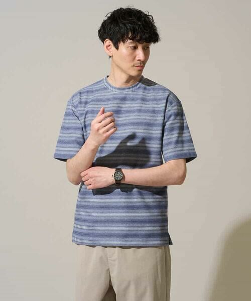 a.v.v / アー・ヴェ・ヴェ カットソー | 【イージーケア/洗濯機で洗える】ワッフルランダムボーダーカットソー（ブルー）