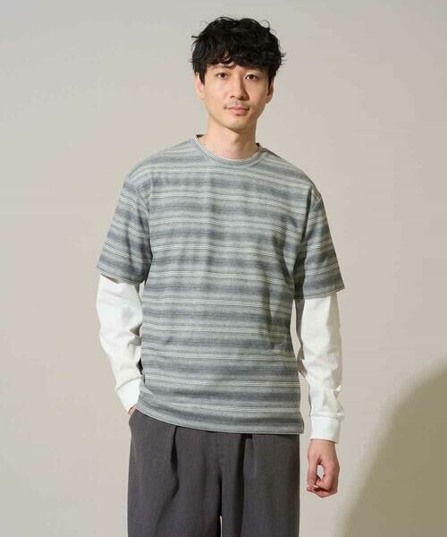 a.v.v / アー・ヴェ・ヴェ カットソー | 【イージーケア/洗濯機で洗える】ワッフルランダムボーダーカットソー（グレー）