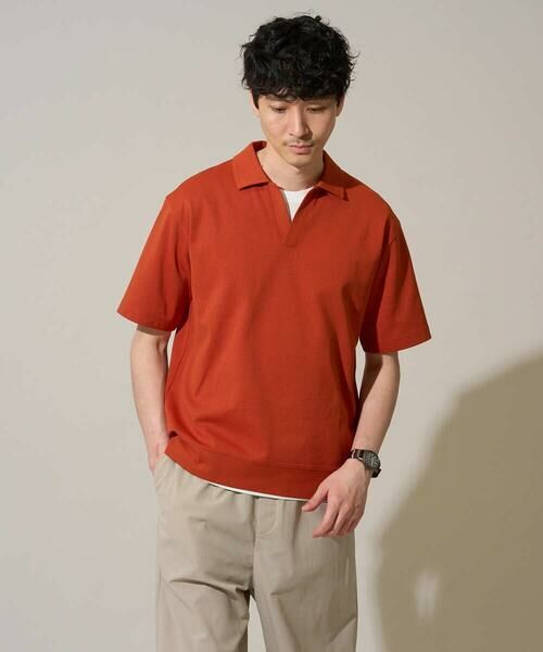 a.v.v / アー・ヴェ・ヴェ カットソー | 【イージーケア/洗濯機で洗える/接触冷感/毛玉になりにくい】ダブルフェイスワイドシルエットスキッパーポロ（オレンジ）