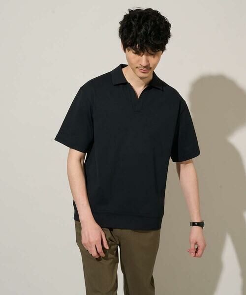 a.v.v / アー・ヴェ・ヴェ カットソー | 【イージーケア/洗濯機で洗える/接触冷感/毛玉になりにくい】ダブルフェイスワイドシルエットスキッパーポロ（ブラック）