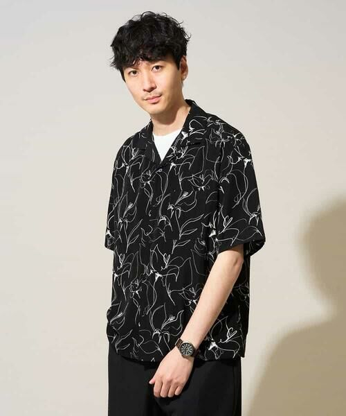 a.v.v / アー・ヴェ・ヴェ シャツ・ブラウス | 【イージーケア/洗濯機で洗える/速乾/接触冷感/毛玉になりにくい】センガプリントゴブソテオープンカラーシャツ（ブラック）