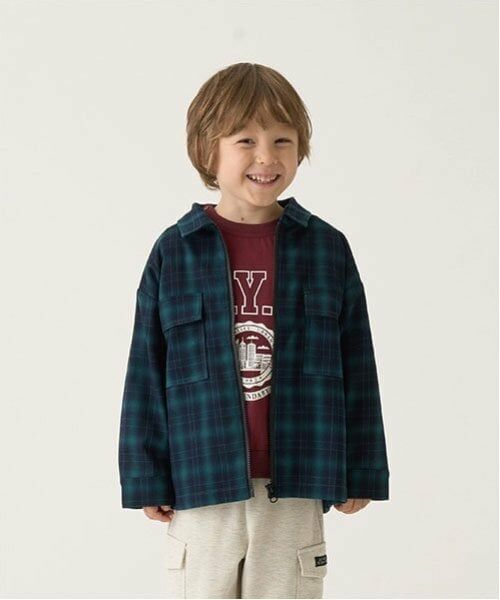 b・ROOM / ビールーム シャツ・ブラウス | ビッグシルエット長袖チェックシャツ(ジップアップ)(グリーン)