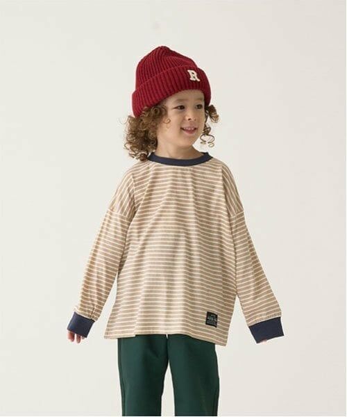 b・ROOM / ビールーム Tシャツ | 【型崩れしないやわらかコットン】プリントミジンボーダービッグシルエットTシャツ（ベージュ）