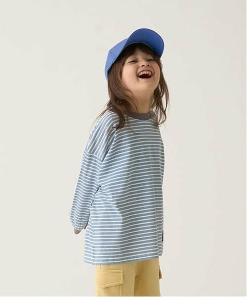 b・ROOM / ビールーム Tシャツ | 【型崩れしないやわらかコットン】プリントミジンボーダービッグシルエットTシャツ（モデレート ブルー）