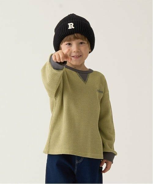 b・ROOM / ビールーム Tシャツ | 【ふわふワッフル】バイカラートップス（薄カーキ）