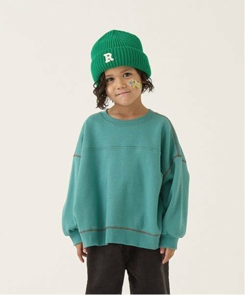 b・ROOM / ビールーム スウェット | 【毛玉バイバイ裏起毛裏毛】ビッグシルエット配色ステッチスウェット(モス グリーン)