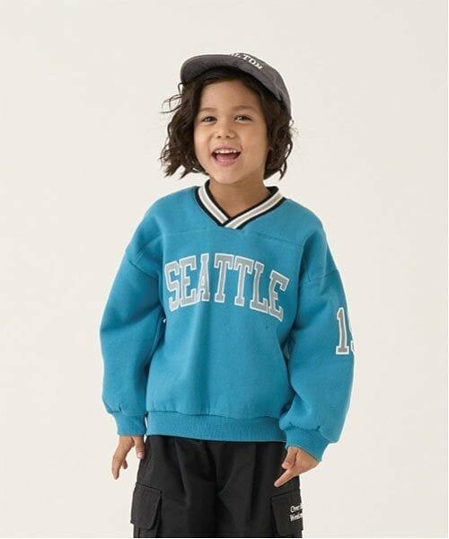 b・ROOM / ビールーム スウェット | 【毛玉バイバイ裏起毛裏毛】Vネックリブロゴスウェット（ブルー グリーン）