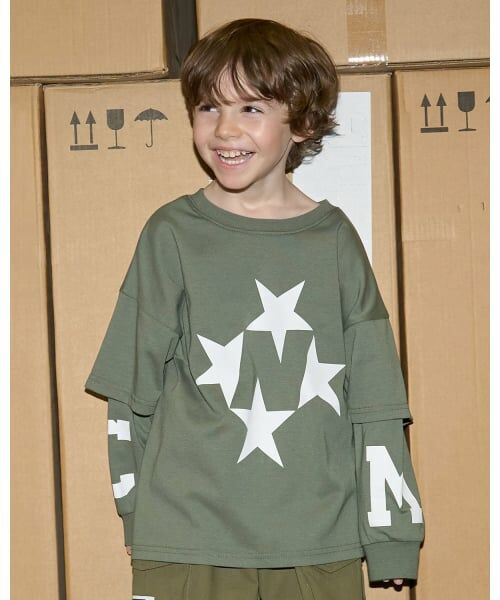 b・ROOM / ビールーム Tシャツ | 【MNCM】【どちらが前でもOK】【カイテキ天竺】プリントレイヤードビッグTシャツ（カーキ）