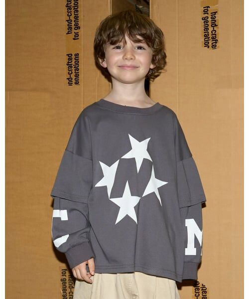 b・ROOM / ビールーム Tシャツ | 【MNCM】【どちらが前でもOK】【カイテキ天竺】プリントレイヤードビッグTシャツ（チャコール）