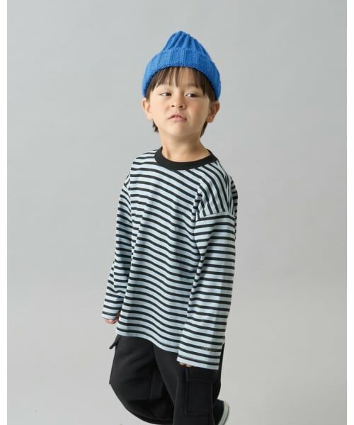 b・ROOM / ビールーム Tシャツ | 【デイリースタンダードウェアシリーズ】ゆるっとオーバーサイズのボーダー長袖Tシャツ（ブルー グレー）