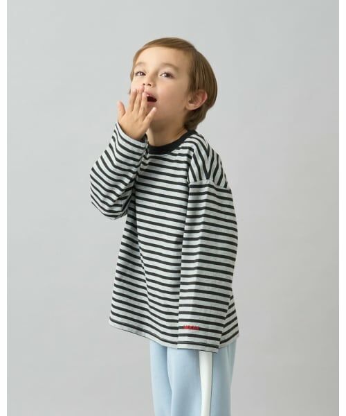 b・ROOM / ビールーム Tシャツ | 【デイリースタンダードウェアシリーズ】ゆるっとオーバーサイズのボーダー長袖Tシャツ（トップ グレー）