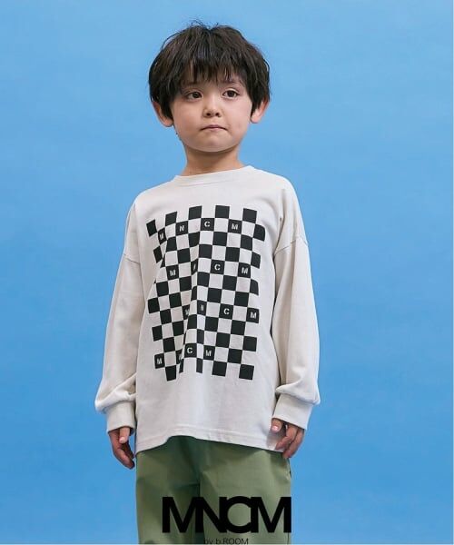 b・ROOM / ビールーム Tシャツ | 【防汚・速乾・型崩れしない】【どちらが前でもOK】チェッカーフラッグプリントTシャツ【MNCM】(アイボリー)