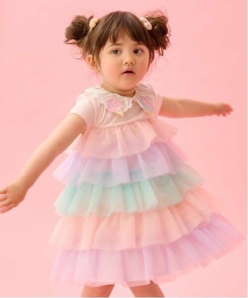 baby Cheer / ベイビーチアー ミニ丈・ひざ丈ワンピース | アイス衿チュールワンピース（ピンク）