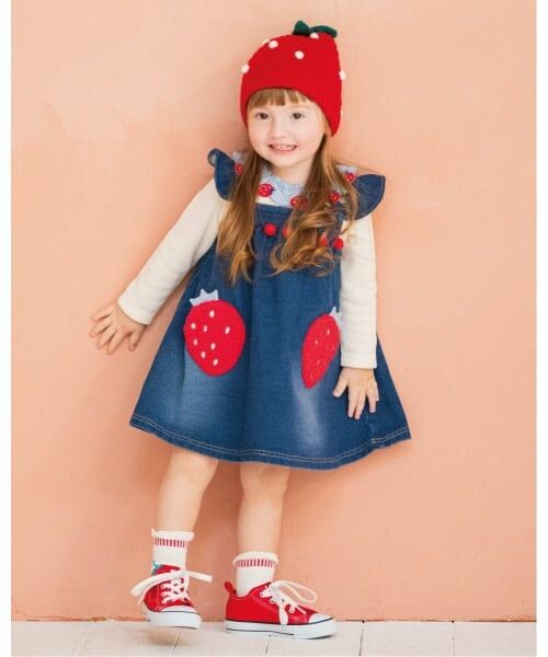 baby Cheer / ベイビーチアー ミニ丈・ひざ丈ワンピース | イチゴポケットジャンパースカート（紺）