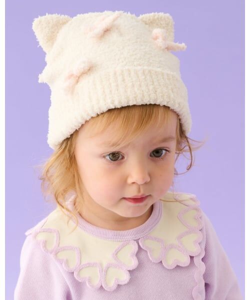 baby Cheer / ベイビーチアー ニットキャップ | ネコ耳リボン帽子（ECRU(キナリ)）