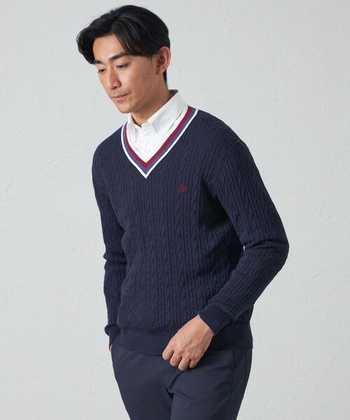 BAKER STREET / ベイカー・ストリート ニット・セーター | 【ウォッシャブル】綿麻チルデンVネックニット(ネイビー2)