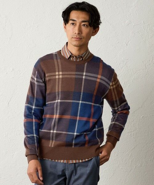 BAKER STREET/ベイカー・ストリート 【ウォッシャブル】タータンジャカードニット ブラウン2 LL BAKER STREET/ベイカー・ストリート 【ウォッシャブル】タータンジャカードニット ブラウン2 LL
