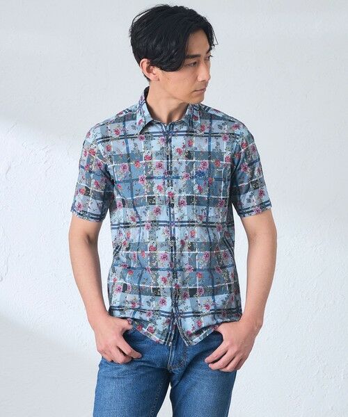 BAKER STREET / ベイカー・ストリート シャツ・ブラウス | タータン×フラワープリントシャツ（サックスブルー3）