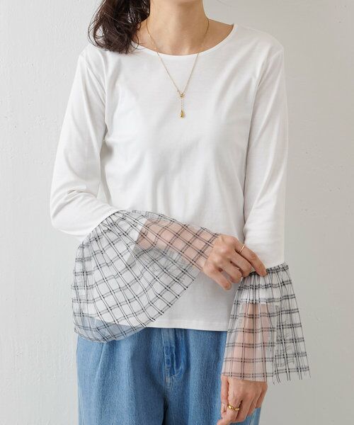 BEARDSLEY/ビアズリー チェックチュールスリーブTシャツ ホワイト F BEARDSLEY/ビアズリー チェックチュールスリーブTシャツ ホワイト F