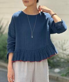 美品 ビアズリー 上質 リネン100％ 釦ホール刺繍ブラウス ネイビー ギャザー 美品 ビアズリー 上質 リネン100％ 釦ホール刺繍ブラウス