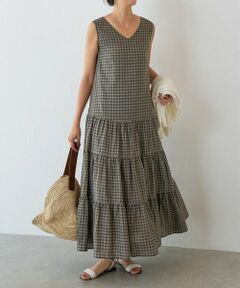 ビアズリー beardsleyチェック柄ノースリーブワンピース　新品タグ付き 新品 BEARDSLEY リネンビッグチェックタックワンピース 2022SS