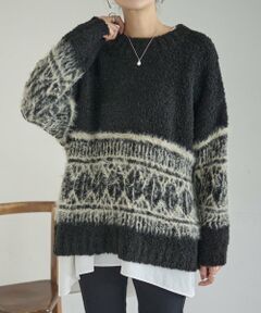 <br />■アイテム<br />身頃と袖に大きくフェアアイル柄をあしらった、存在感のあるニットプルオーバー。<br />ミックスヤーンを使用し、ふわっとした肌触りと立体的な表情が魅力です。<br />種類の異なる糸を複数撚り合わせているため、奥行きのあるカラーリングに。<br />柄部分には毛足の長い糸を使用し、フェアアイル柄を優しいニュアンスに仕上げました。<br />腰にかかる着丈とゆったりとした身幅・襟元のバランスで、大人の抜け感を演出。<br />冬の装いにぬくもりと華やかさを添える一枚です。<br /><br />■素材・洗濯表示<br />素材：アクリル47% ポリエステル22% 毛18% ナイロン13%&nbsp;<br />洗濯表示：ドライクリーニング（石油系・弱い処理）<br /><br />※着用時・洗濯時は、必ず取扱い表示・タグをご確認の上、お取り扱い下さい。<br /><br />----------------------------------<br />伸縮性：あり<br />光沢：なし<br />厚み：あつい<br />透け感：なし<br />裏地：なし<br />----------------------------------<br /><br /><br /><br /><br /><br />《お取り扱い上のご注意》<br />・ドライクリーニングしてください。<br />・クリーニングの際は必ずクリーニングネットをご使用ください。<br />・アイロンはスチームで浮かしてかけてください。アイロンは裏から当て布をしてかけてください。<br />・この生地の表面は、引っ掛かりやすくなっています。着用時や着替え時に、バッグ・指輪や周りのものの取り扱いにご注意下さい。<br />・素材の特性上、毛玉や毛羽立ちが発生することがありますのでご注意ください。<br />・タンブル乾燥不可<br />《予約商品について》<br />・サンプルの為、素材情報、洗濯表示については企画段階の情報を記載しております。公的機関での試験データ結果を受け、量産にあたり混率や洗濯方法の変更が発生する場合がございますので、ご了承くださいませ。<br />・サンプルでの撮影、計測をしております。商品の仕様が一部変更になる場合がございます。<br />・撮影サンプル品はブランドタグがついておりません。製品にはタグがつきますので、製品の表に縫い糸が見える場合がございます。<br />・工場の生産の都合上、納期が変更になる場合がございます。検品や輸送の関係で、発送日が前後しますのでご了承ください。また、入荷状況により、お客様への発送が店頭販売より遅れる場合もございます。<br />・店頭に陳列していた商品も含まれる場合がございます。<br />《商品画像について》<br />ご覧頂いている商品の写真につきましては、できるだけ実物の色に近くなるように努めておりますが お使いの環境（モニター、ブラウザ等）の違いにより、色の見え方が実物と若干異なる場合がございます。 予めご了承ください。<br />《ハートをタップして商品のお気に入り登録》<br />【ハートをタップ】登録カラーの商品の「残りわずか」「再入荷」「値下げ」通知を受け取ることができます。<br />【各ショップアプリにてブランドフォロー】 新商品などの入荷情報、最新のニュースやお得な情報を受け取ることができます。<BR>