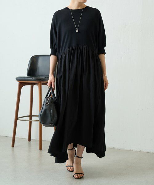 BEARDSLEY / ビアズリー ロング・マキシ丈ワンピース | ニットコンビギャザーワンピ（ブラック）