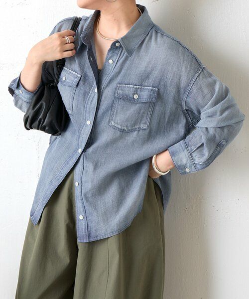 BEARDSLEY / ビアズリー シャツ・ブラウス | ショートシフォンデニムシャツ（ブルー）