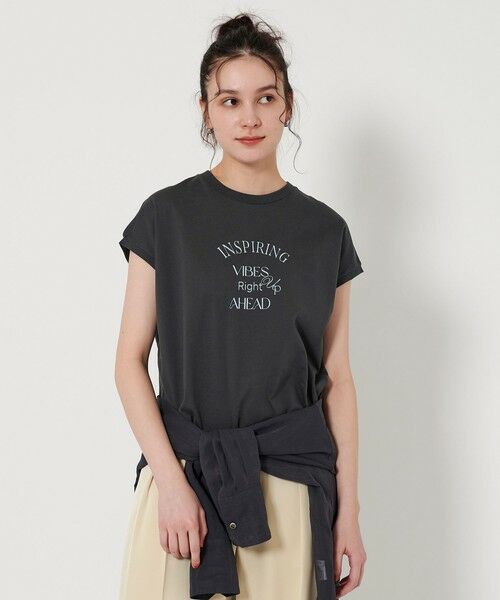 BEAUTY & YOUTH UNITED ARROWS/ビューティー&ユース ユナイテッドアローズ コットン ロゴプリント フレンチスリーブ Tシャツ DK. GRAY FREE BEAUTY & YOUTH UNITED ARROWS/ビューティー&ユース ユナイテッドアローズ コットン ロゴプリント フレンチスリーブ Tシャツ DK. GRAY FREE