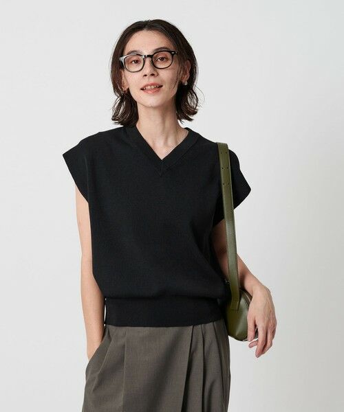 UNITED ARROWS 半袖なニット黒 ショートスリーブ モックネックニット UA COZY ーウォッシャブル