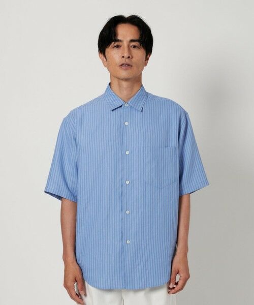 日清紡アポロコット 半袖 ワイシャツ メンズ形態安定加工 青ストライプ