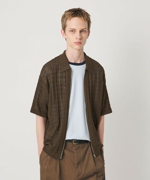 BEAUTY&YOUTH UNITED ARROWS / ビューティー&ユース ユナイテッドアローズ カーディガン・ボレロ | ジャガード フルジップ ショートスリーブ ポロニット ウォッシャブル（DK.BROWN）