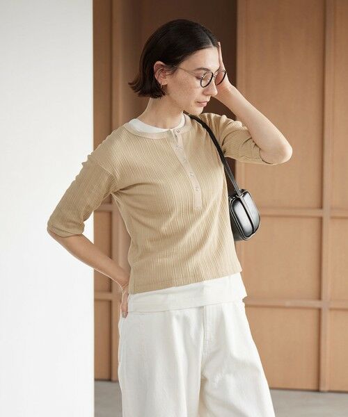 BEAUTY&YOUTH UNITED ARROWS / ビューティー&ユース ユナイテッドアローズ カットソー | 【WEB限定】ランダムリブ ヘンリーネック スナップ 5分袖Tシャツ（BEIGE）