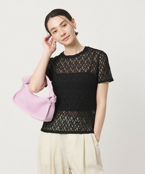 BEAUTY&YOUTH UNITED ARROWS / ビューティー&ユース ユナイテッドアローズ カットソー | フラワーレース ショートスリーブ プルオーバー（BLACK）