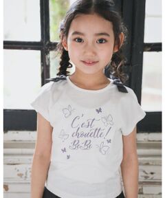 肩 あき リボン 付き ロゴ  チョウチョ プリント  Tシャツ（80〜150cm）