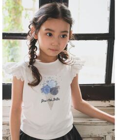 スカラップ レース 袖  水彩風 フラワー ブーケ リボン Tシャツ（80〜140cm）