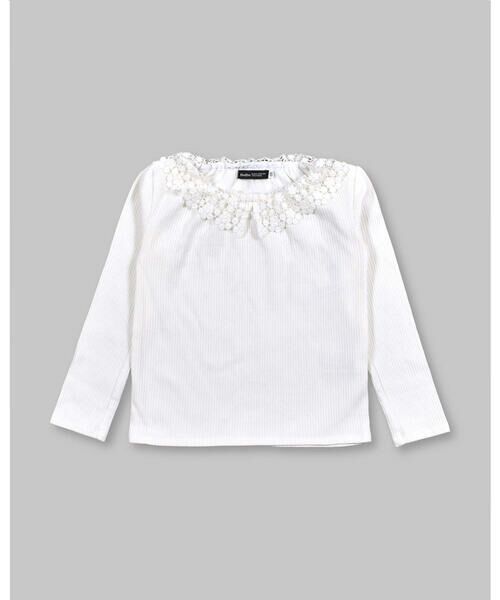 BeBe / べべ Tシャツ | フラワー レース 襟 裾 メロウ Tシャツ (90~150cm)（ホワイト）