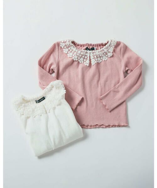 BeBe / べべ Tシャツ | フラワー レース 襟 裾 メロウ Tシャツ (90~150cm)（ピンク）