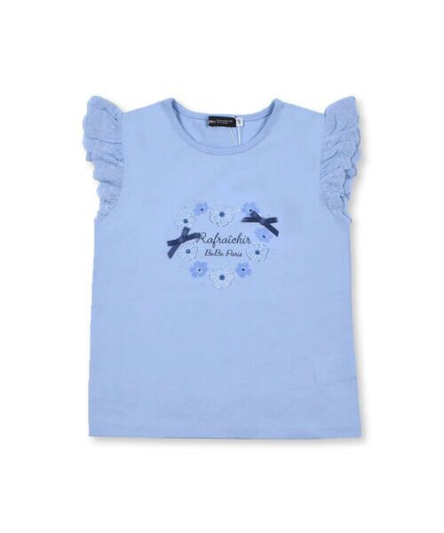 BeBe / べべ Tシャツ | ハート リース フラワー プリント レース 袖 Tシャツ (80~150cm)（ブルー）