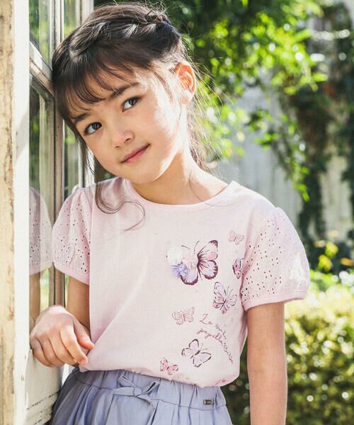 BeBe / べべ Tシャツ | 蝶々プリントパフスリーブTシャツ(80~150cm)（ピンク）